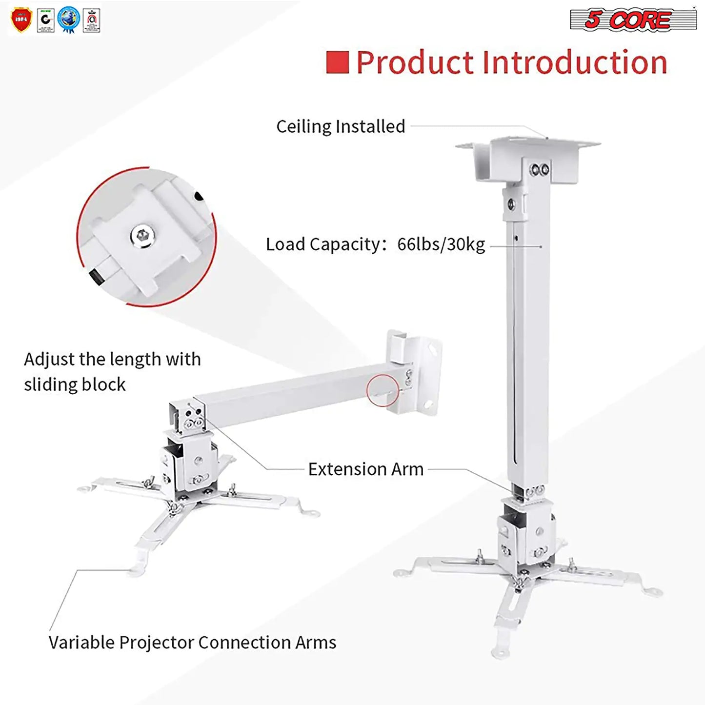 5Core Projector Mount Ceiling Wall Universal Holder Adjustable Low Profile Capacity 40lb